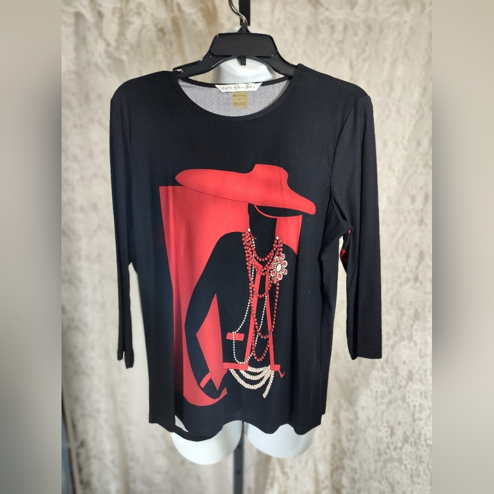 Peter Nygard Lady Illustrated Black and Red Graphic Long Sleeve Top
